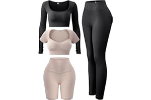 FINETOO Women's 4 Piece Workout Outfits Ribbed Seamless Long Sleeve Crop Sports Tops Tank High Waist Yoga Leggings Sets