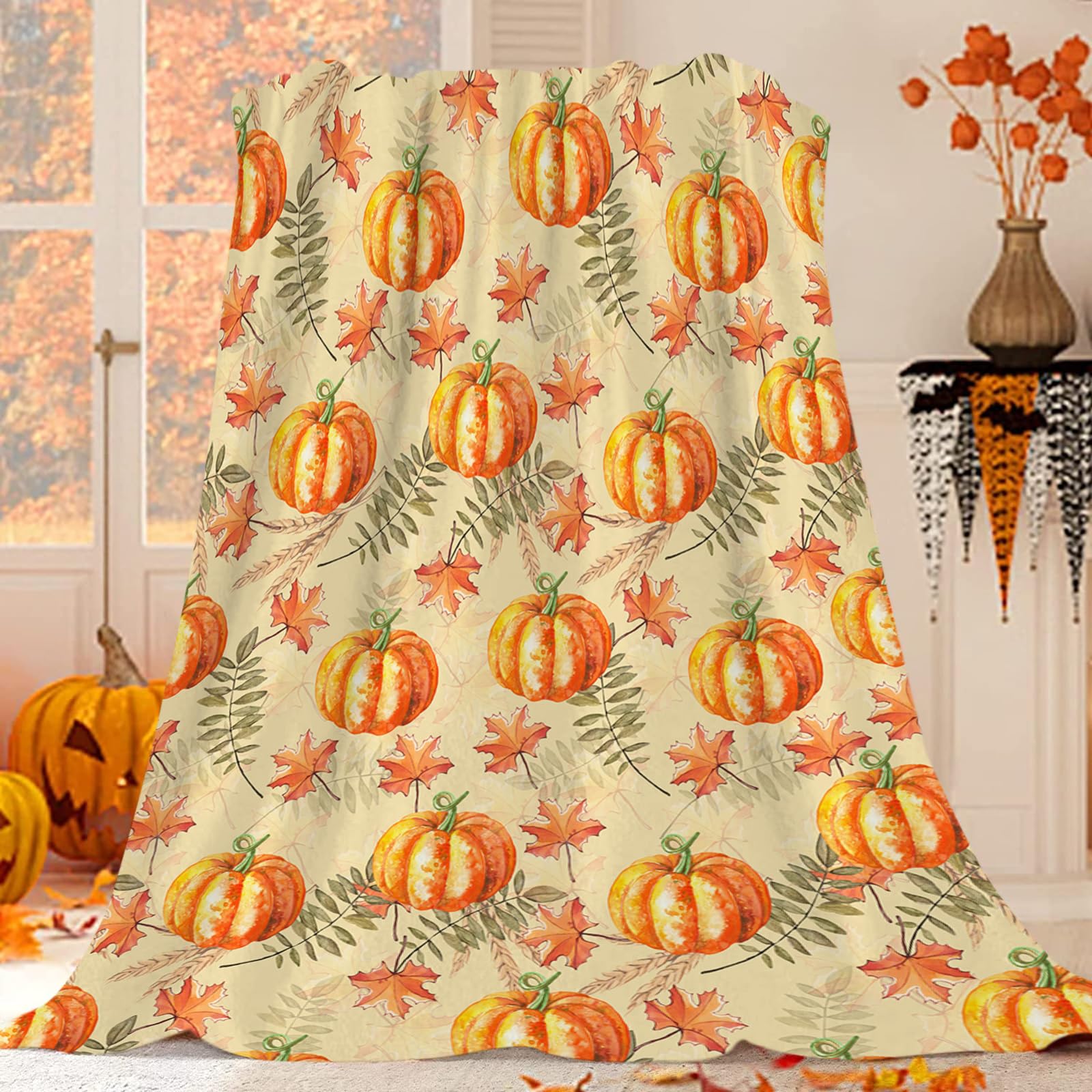 JOOCAR Autumn Season Pumpkin Throw Blanket Fall Leaf Maple Wheat Harvest Fall Decor Beige Blanket Cozy Soft Lightweight Flannel Plush Blankets for Bed Couch Living Room Sofa Chair,50x60 Inch