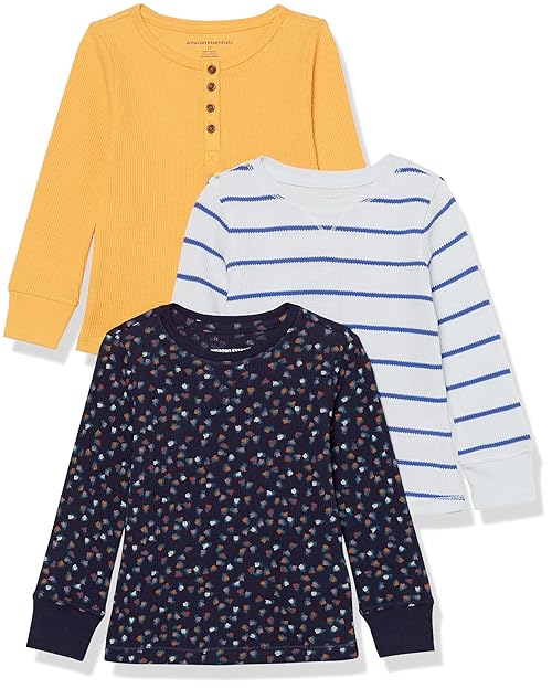 Amazon Essentials Girls' Long-Sleeve Knit Thermal T-Shirt, Pack of 3, Navy Floral/White Stripe/Yellow, Large