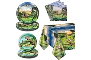 Dinosaur Birthday Decorations - Dinosaur Paper Tableware Set Including Dinosaur Plate, Napkins, Dino Tablecloth for Kids Boys