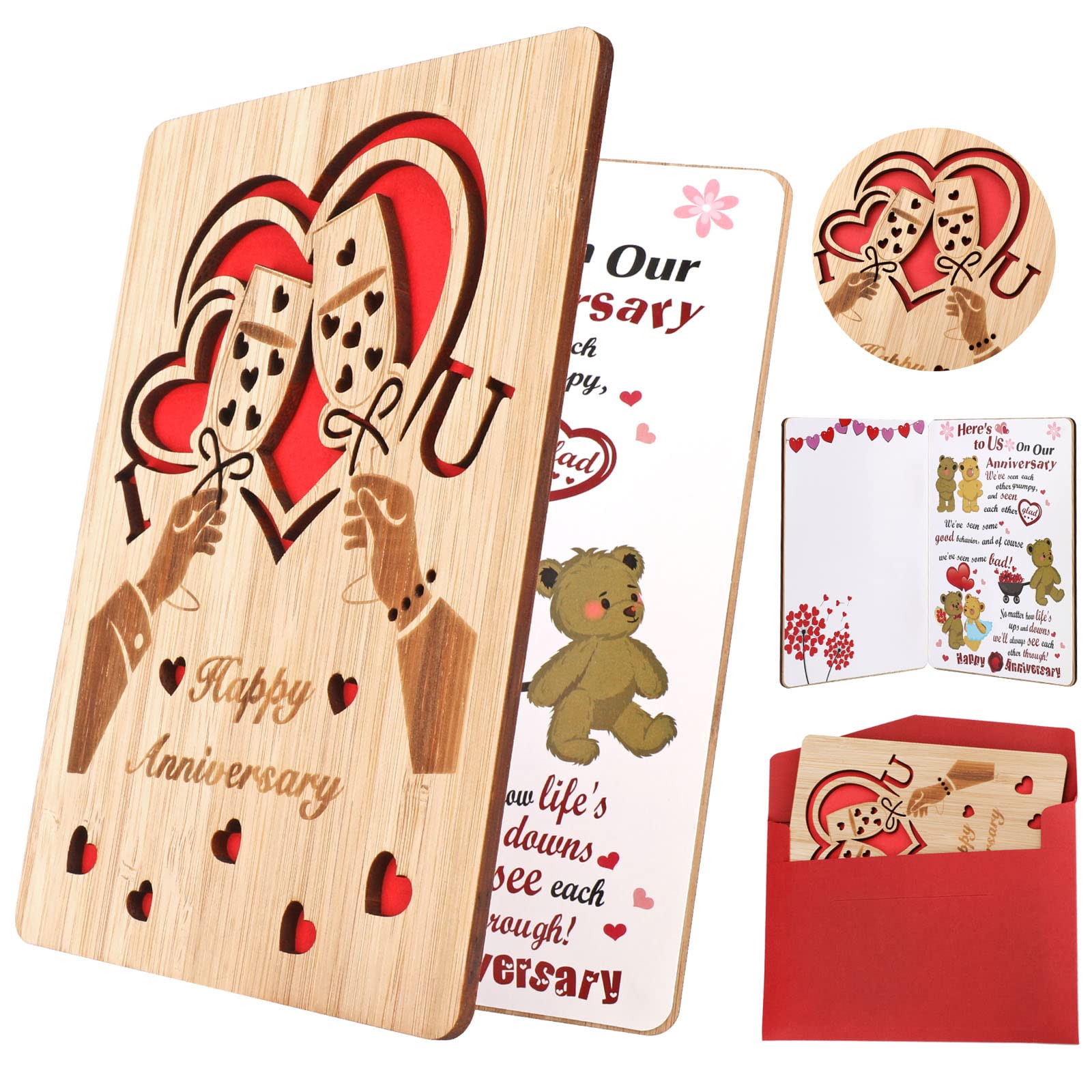 HOWAF Wooden Happy Anniversary Card for Her Him Couple, I Love You Wedding Anniversary Card for Wife, Husband Gifts for Wedding Anniversary, Champagne Flutes