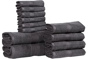 HILLFAIR 12 Piece- 600 GSM Cotton Bath Towels Set - Hotel Spa Towels Set- 2 Bath Towels, 4 Hand Towels, 6 Washcloths- Absorbent Super Soft Cotton Towels Set- Grey Towel Set- 100% Cotton Towel Set
