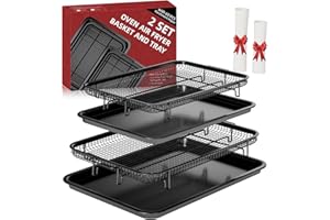 Air Fryer Basket for Oven, 2 Set Air Fryer Basket and Tray Set with 60 Sheets Parchment Papers,THORSES Stainless Steel NonStick Air Fryer Pan and Crisper Tray-Black Large15.7“×11.6” & Medium12.8"×8.9"