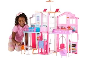 Barbie 3-Story Townhouse Dollhouse with Elevator, Swing Chair, Furniture and Accessories, Fold for Portability and Travel (Amazon Exclusive)