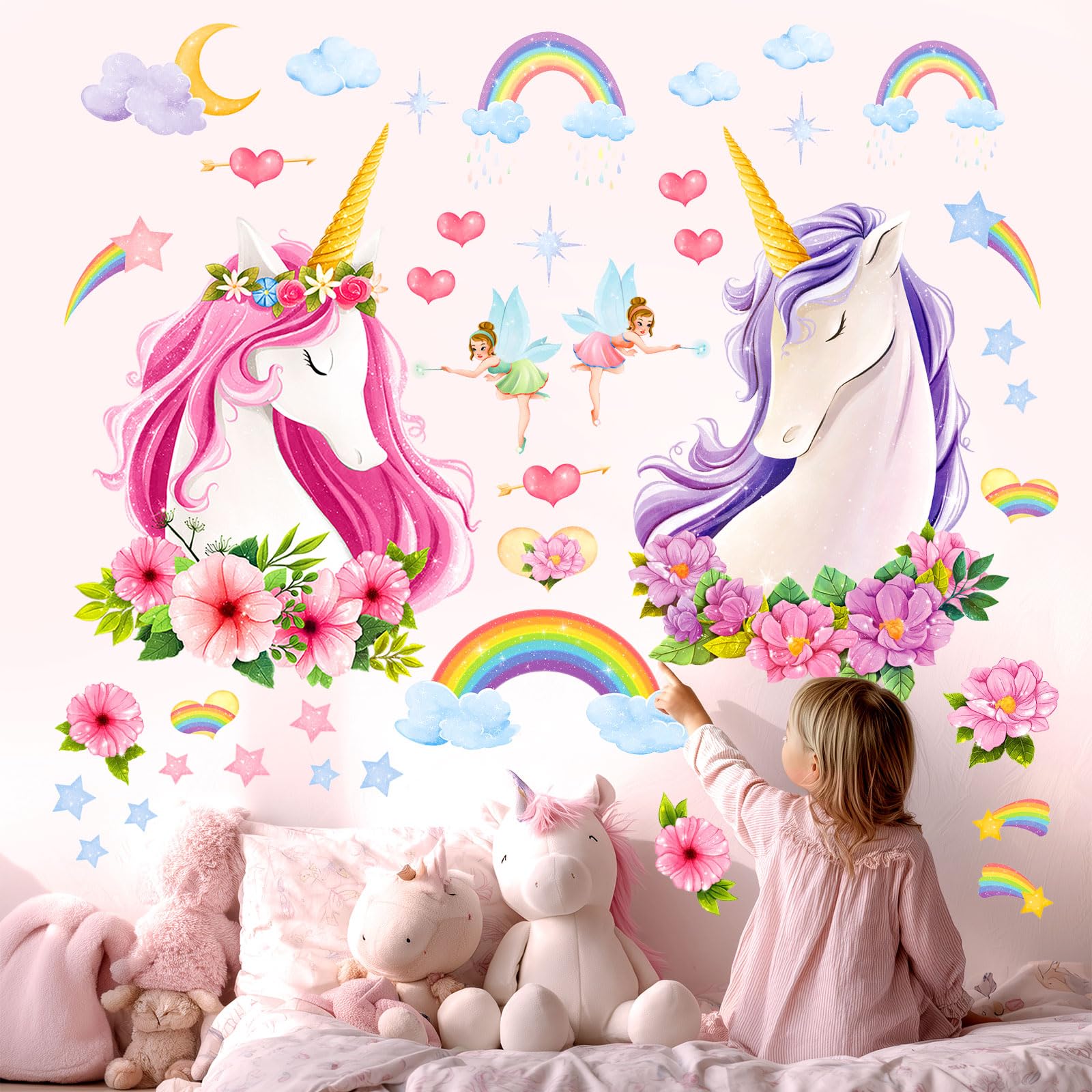 DECOWALL Unicorn Wall Stickers – Magical Unicorns, Rainbows & Flowers for Kids Bedroom Nursery Decor – Removable & Peel-and-Stick Wall Decals (SG2-2105)
