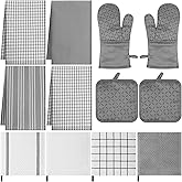 LemonRoad 12 Pcs Oven Mitts Kitchen Towels Dishcloths with Pot Holders Sets Dish Towels Sets Oven Gloves Heat-Resistant Pot Pads with Silicone for Kitchen Cooking Baking(Gray)