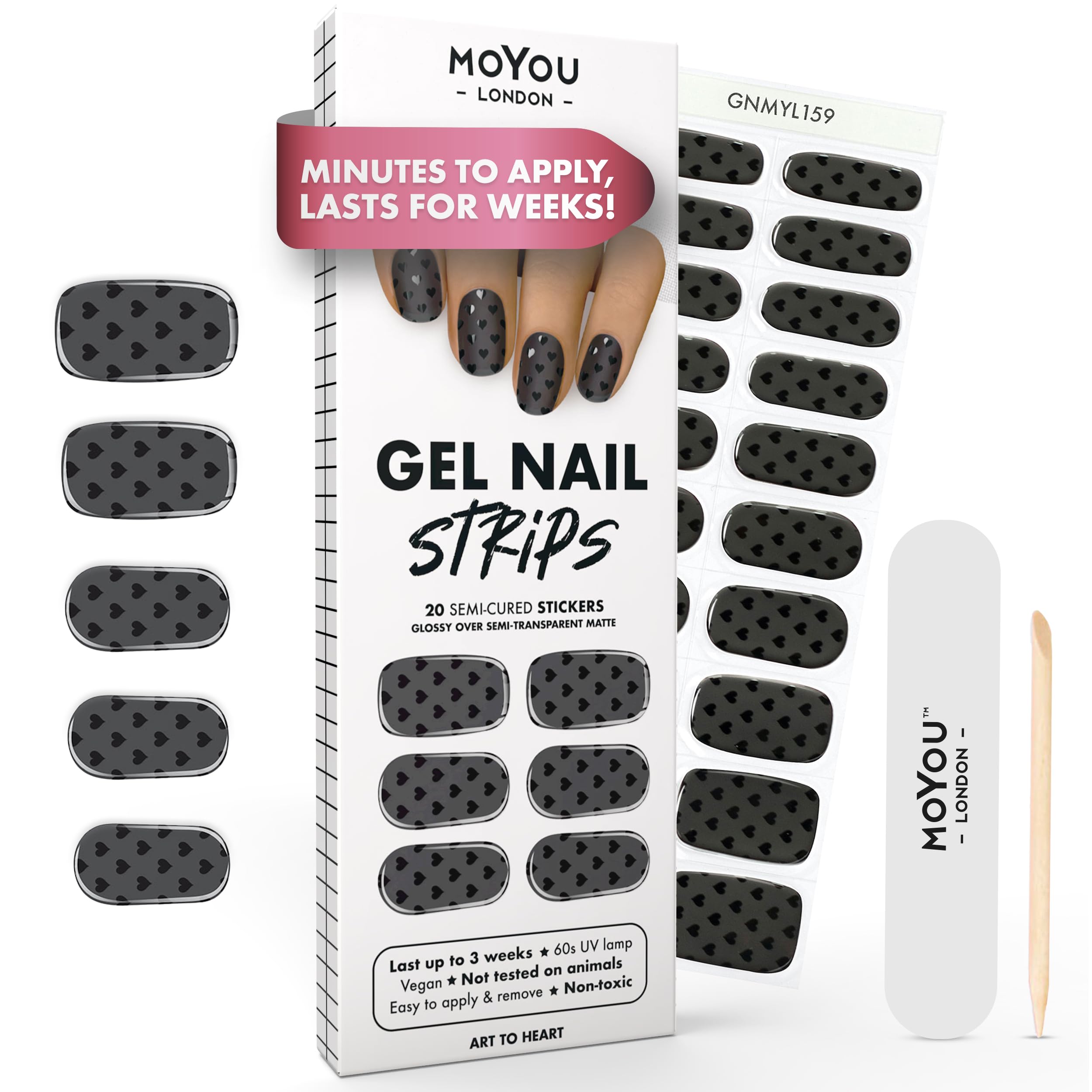 MOYOU LONDON Semi Cured Gel Nail Strips - 20 Pcs. Waterproof Gel Nail Wraps, Cures in Sunlight or UV/LED Lamp, Lasts Up to 2+ Weeks, Stretchable, Easy to Apply & Remove, Vegan & Cruelty-Free