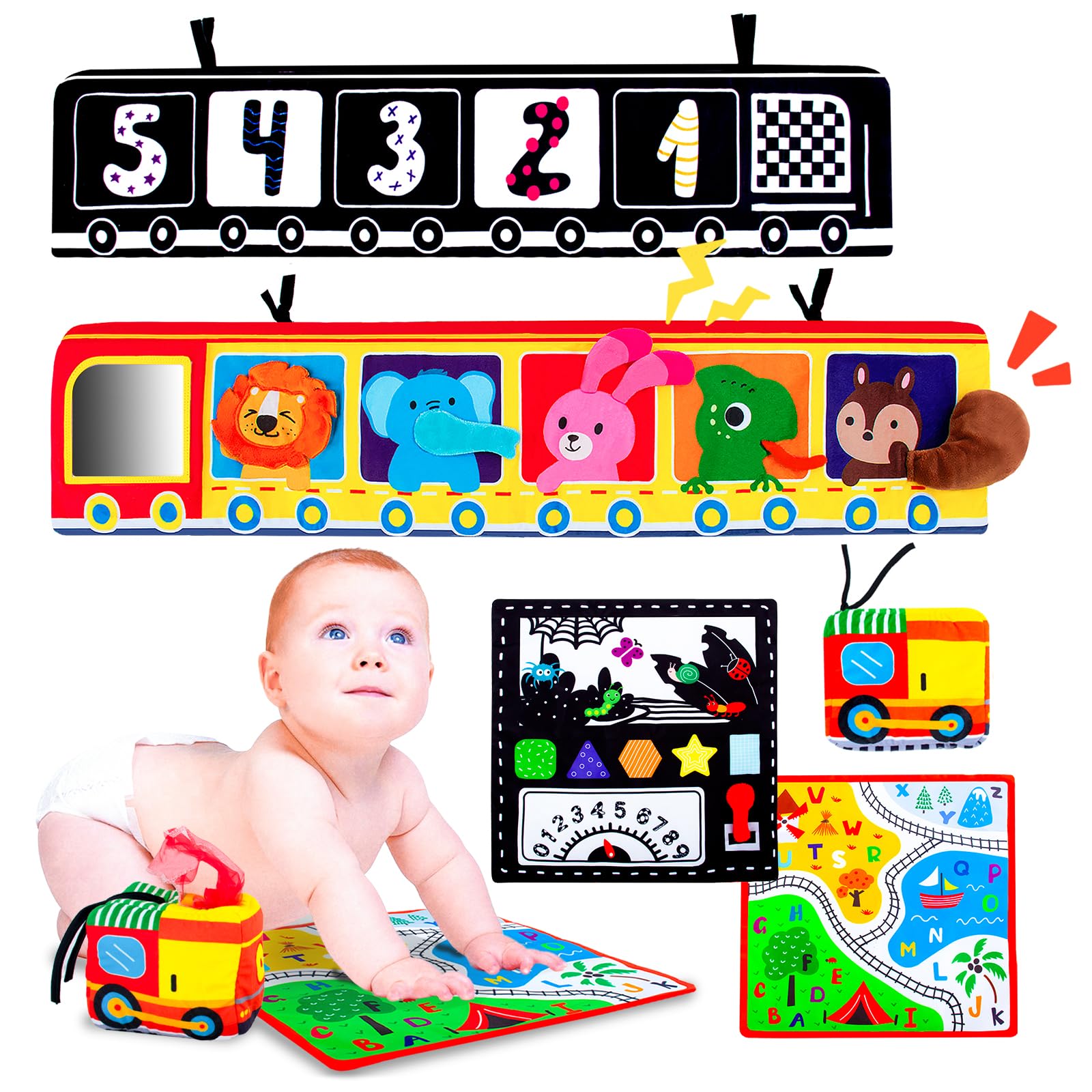 teytoy Black and White High Contrast Baby Toys for Newborn 0-3 3-6 Months, Tummy Time Mirror Soft Book for Babies Visual Stimulation Montessori Sensory Infant Crinkle Tissue Box Toys
