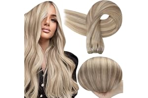 Full Shine Weft Hair Extensions Human Hair 18 Inch Straight Remy Bundles Highlight Color Ash Blonde Mix Bleach Blonde Sew in Hair Extensions Double Weft Full Head Weave Hair 105 Grams