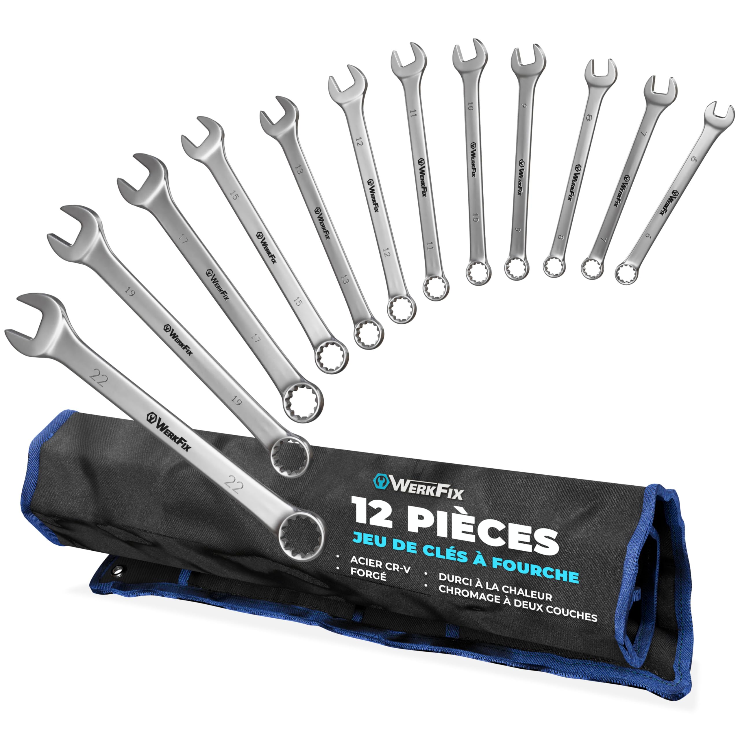 S&R WerkFix Combination Spanner Set 12 pcs 6–22 mm – Metric Spanner Set in Roll Bag | Cr-V Steel, Laser-Marked, Matt Finish | 15° Offset Ring | Spanners & Wrenches