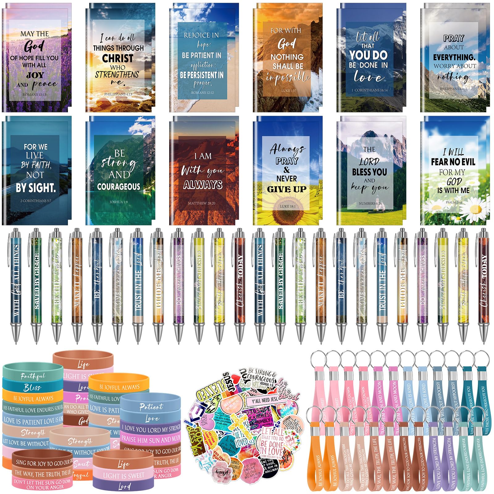 Photo 1 of ***Silicone Bands/Keychains ONLY***Yeaqee 146 Pcs Easter Christian Gifts Set Bulk Include 24 Bible Verses Pens 24 Bible Notebooks 24 Scripture Quotes Bracelets 24 Inspirational Keychains 50 Jesus Christian Stickers(Trendy)