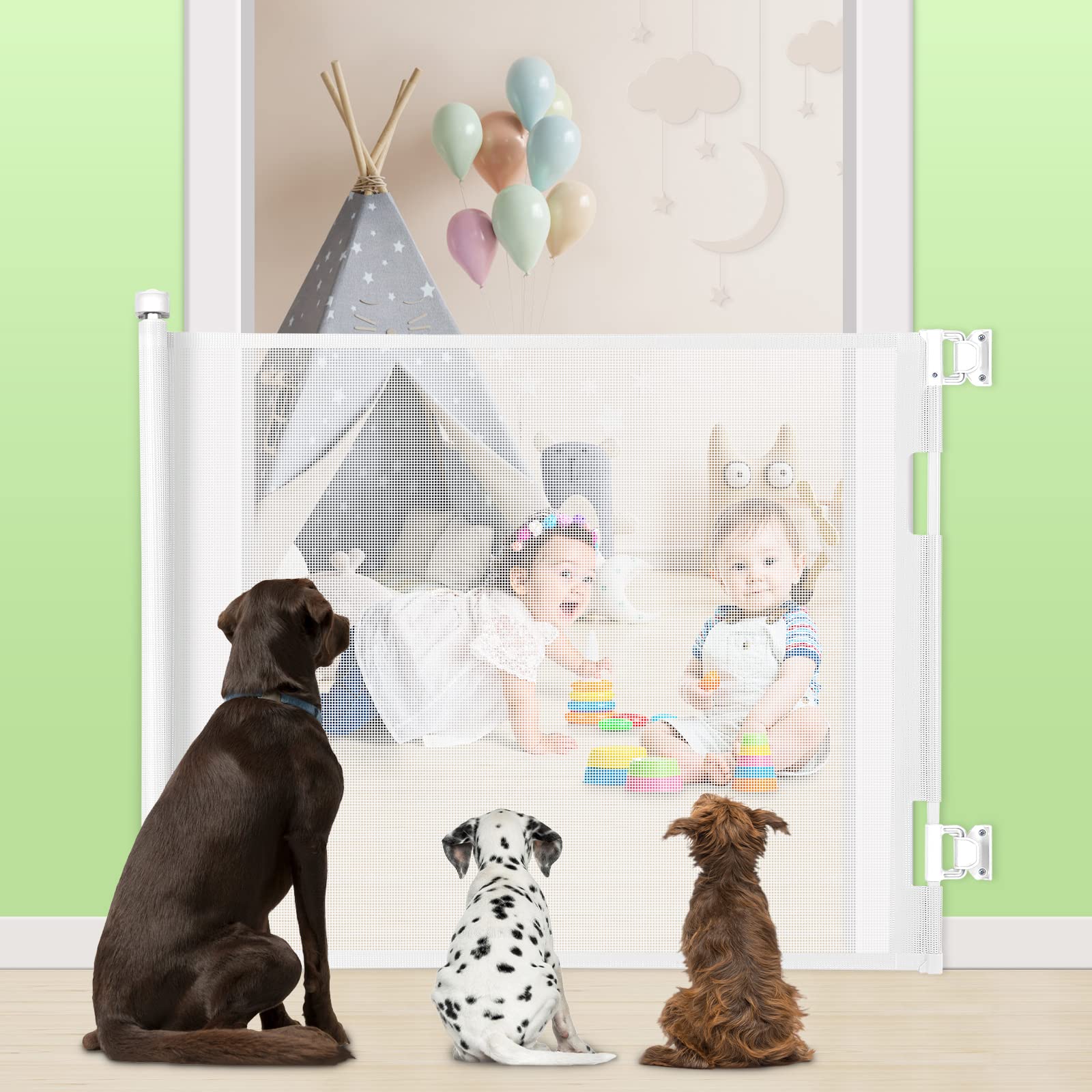 MYPIN Extra Wide Retractable Baby Gate for Stairs, Hallways, Doorways - Indoor/Outdoor Dog and Pet Gate (White, 180 X 86 CM)