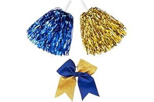 Hanaive 3 Pcs Cheerleading Pom Poms and Large Cheerleader Hair Bow Metallic Foil Cheer Pompoms Cheerleader Supplies for Dance Squad Rooters Sport Team Accessories