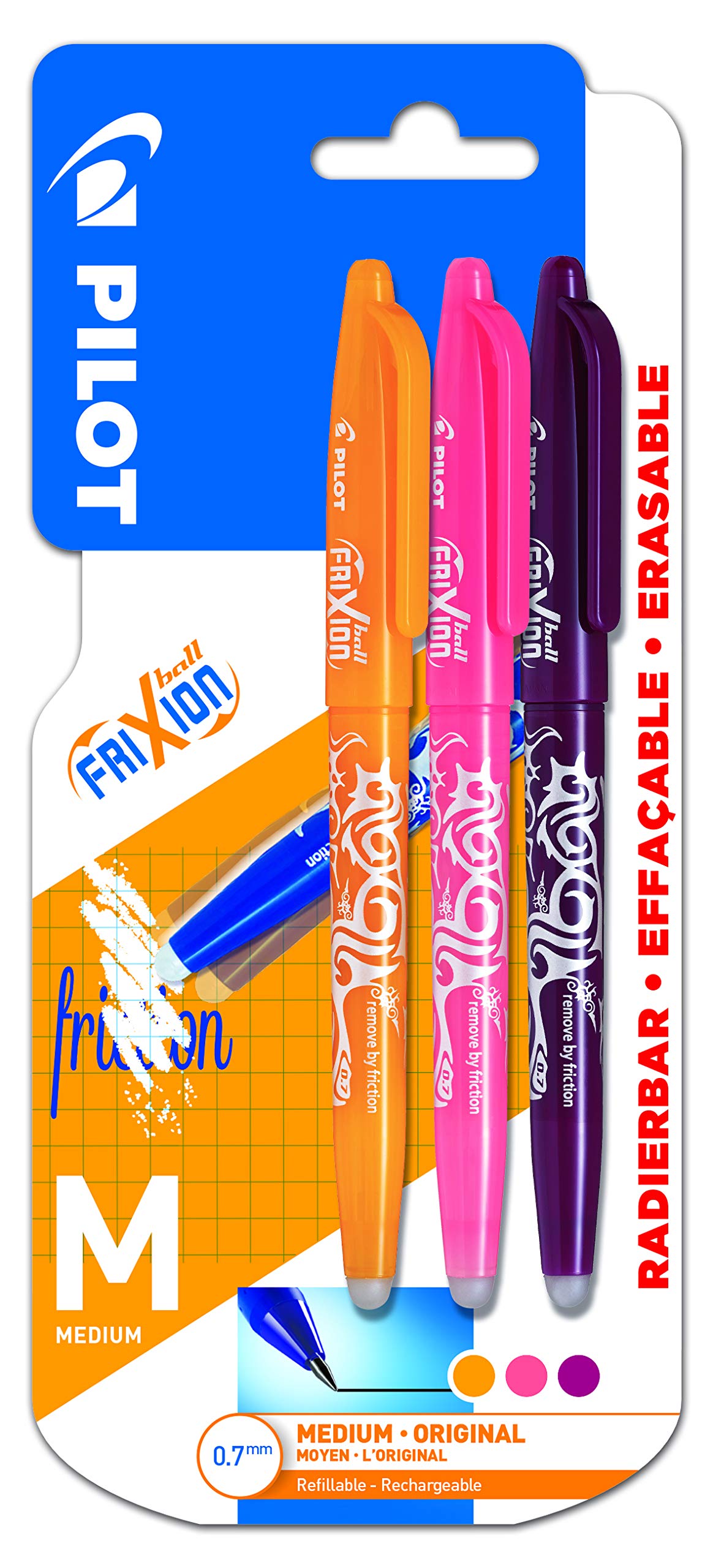 PILOT Frixion Erasable Rollerball Pen 0.7mm Tip -Apricot Orange, Coral Pink, Wine Red, Pack of 3, Medium
