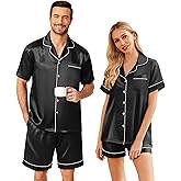 Ekouaer Couple Matching Pajamas Sets Silk Short Sleeve Button Down Sleepwear Satin Pjs Shorts Set Soft Lounge Set S-XXL