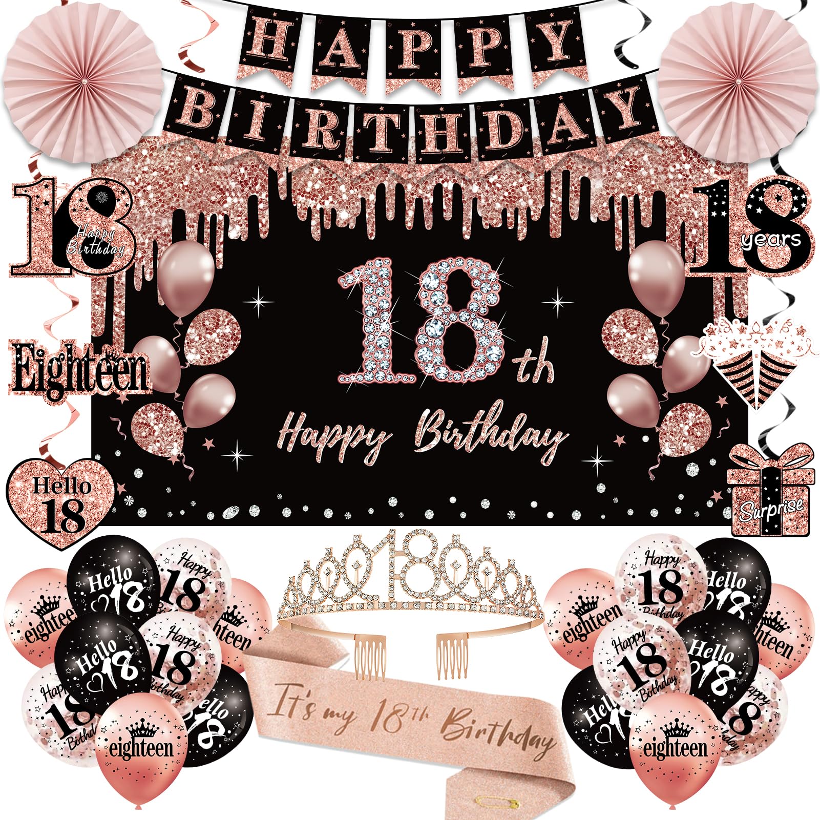 Photo 1 of 18th Birthday Decorations for Girls, 33pcs Black Rose Gold Happy 18th Birthday Banner 18 Birthday Crown and Sash Balloons Backdrop Hanging Swirls Paper Fans, 18 Years Old Party Supplies Kit