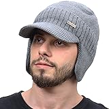 30% Wool Winter Beanie w/Visor & Earflaps for Men