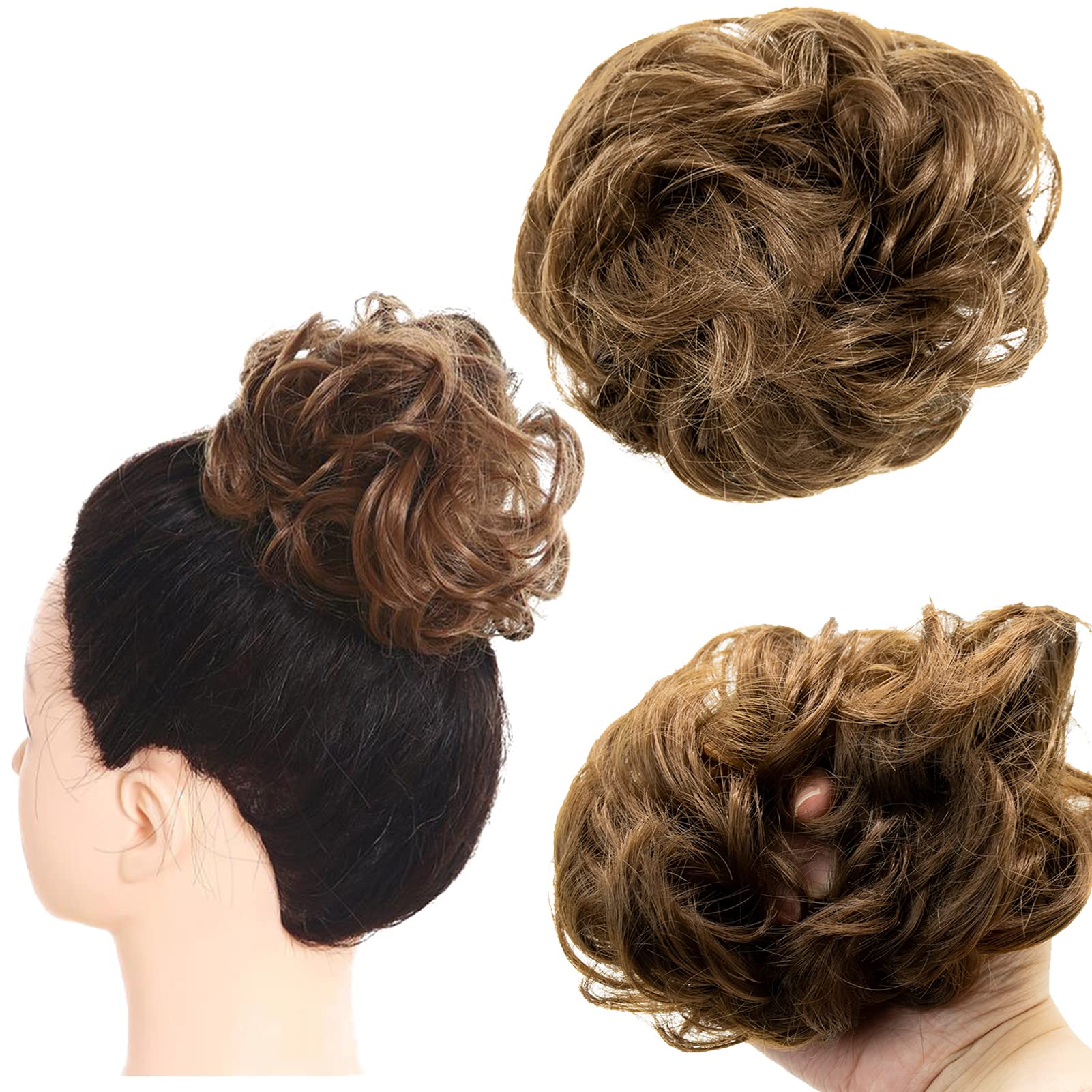 Messy Bun Hair Piece, 1 Pcs Curly Wavy Hair Scrunchies, Ponytail Hair Extensions, Donut Updo Hair Pieces with Elastic Band for Women, Girls(Light Brown & Blonde)