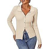 ZAFUL Women Long Sleeve Polo Sweater V Neck Button Down Ribbed Knit Cardigan Top