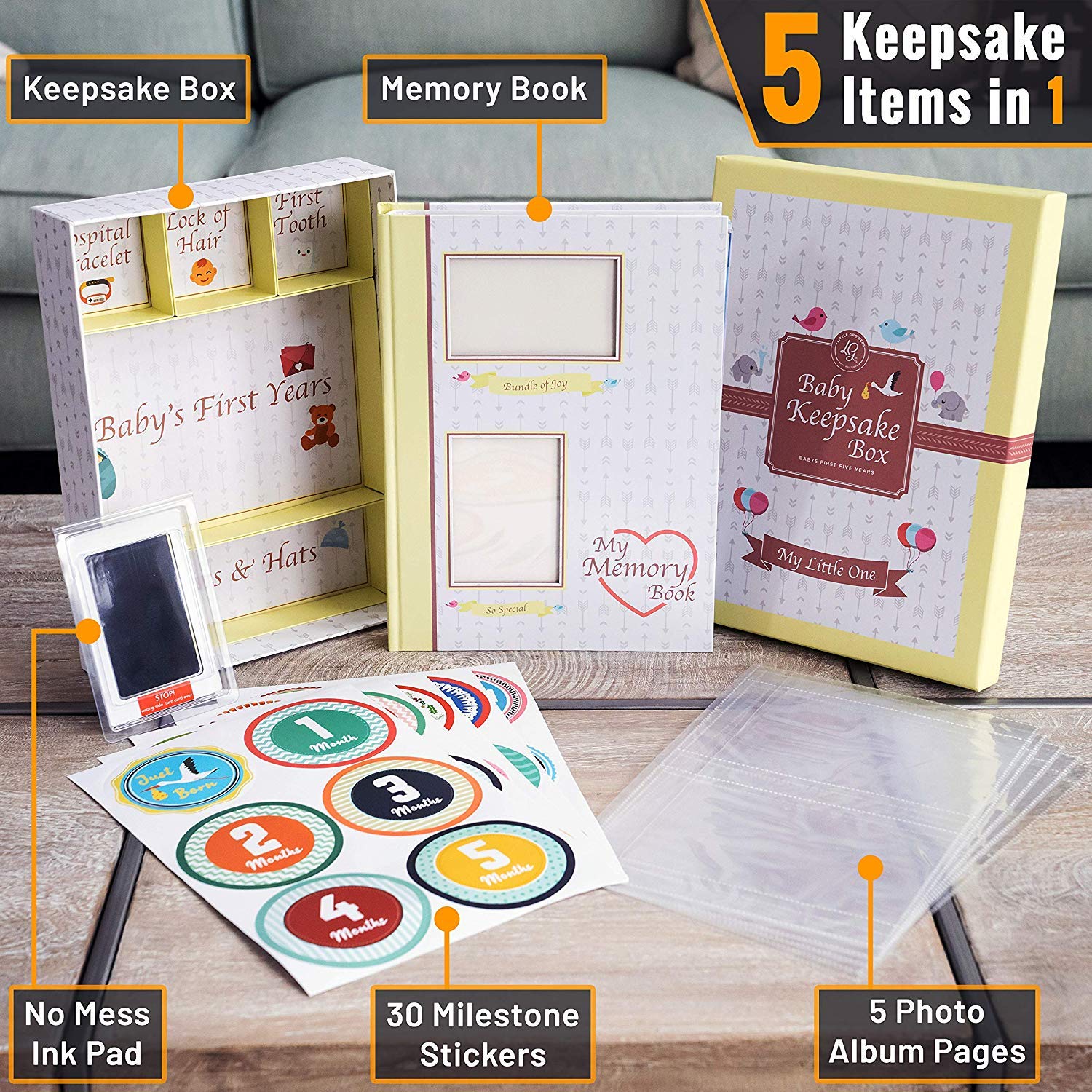 Little Growers Baby Memory Book WITH Keepsake Box, Baby Milestone Stickers AND Baby Footprint Kit - Not Just a New Baby Scrapbook or Photo Album, But 5 Baby Shower Gifts in 1, for Newborn Boy or Girl : Baby