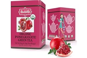 BREW LA LA TEA Brew La La Organic Green Tea - Pomegranate Flavor - 50 Tea Bag Tin - Low Caffeine Tea - USDA Certified Organic