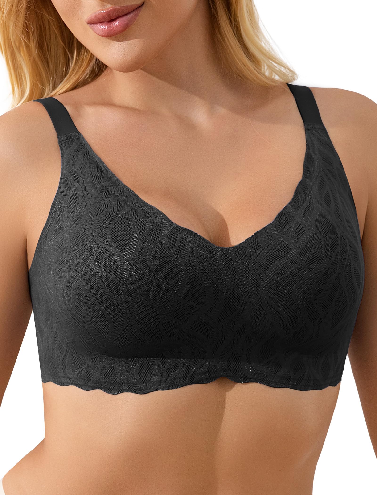 COMFELIE No Underwire Seamless Bra for Full-Figured Women Back Smoothing and Wireless Comfort Black L