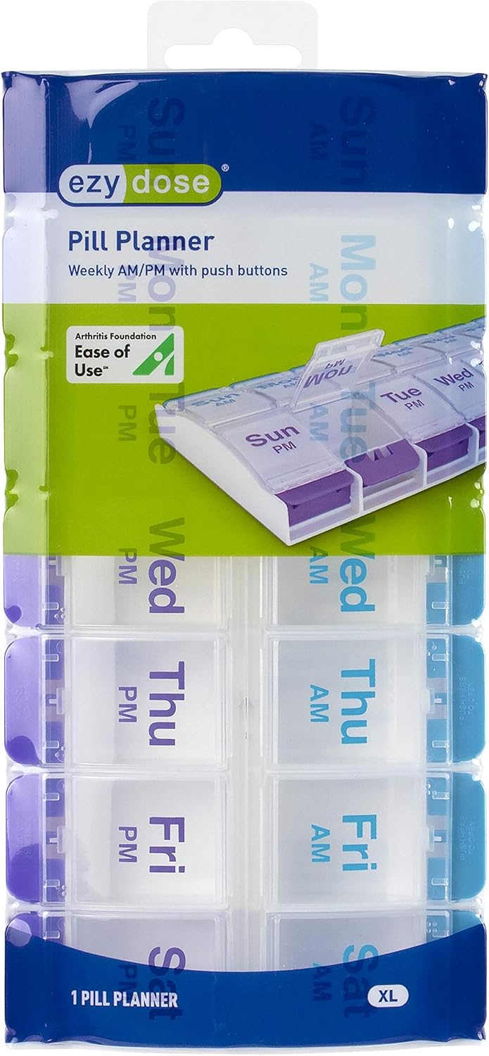 Ezy Dose Push Button (7-Day) Pill, Medicine, Vitamin Organizer Box | Weekly, 2 Times a Day, AM PM | Large Compartments | Arthritis Friendly | Clear Lids: Health & Personal Care