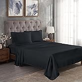 Superior Modal from Beechwood 300 Thread Bed Sheet Set, 1 Elastic Extra Deep Fitted Sheet, 1 Flat Sheet, 2 Pillowcases, Soft Cool Sheets, Sateen Weave, Bedding Essentials, California King, Black