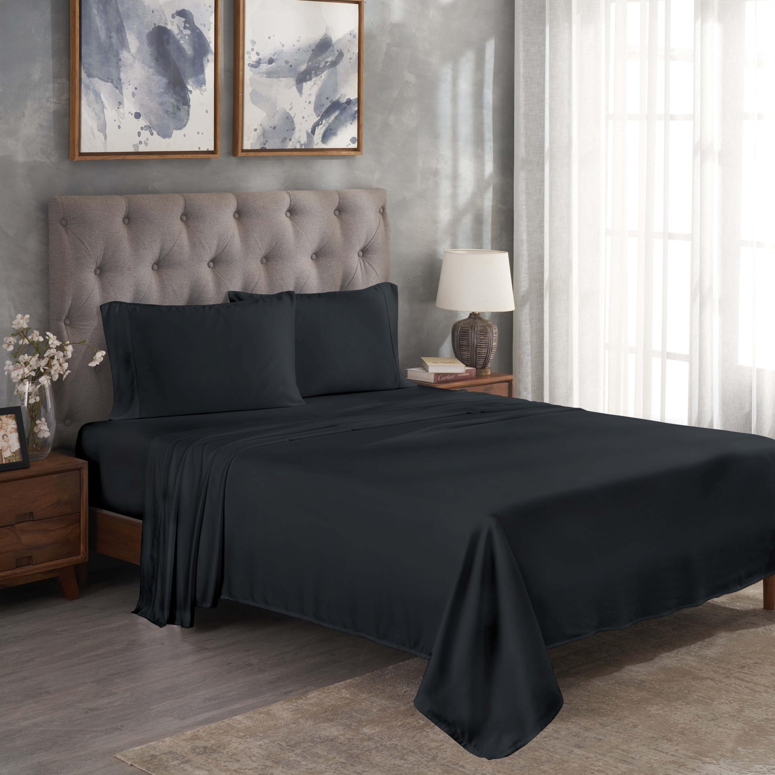 Superior Modal from Beechwood 300 Thread Bed Sheet Set, 1 Elastic Extra Deep Pocket Fitted Sheet, 1 Flat Sheet, 2 Pillowcases, Soft Cool Sheets, Sateen Weave, Bedding Essentials, King, Black