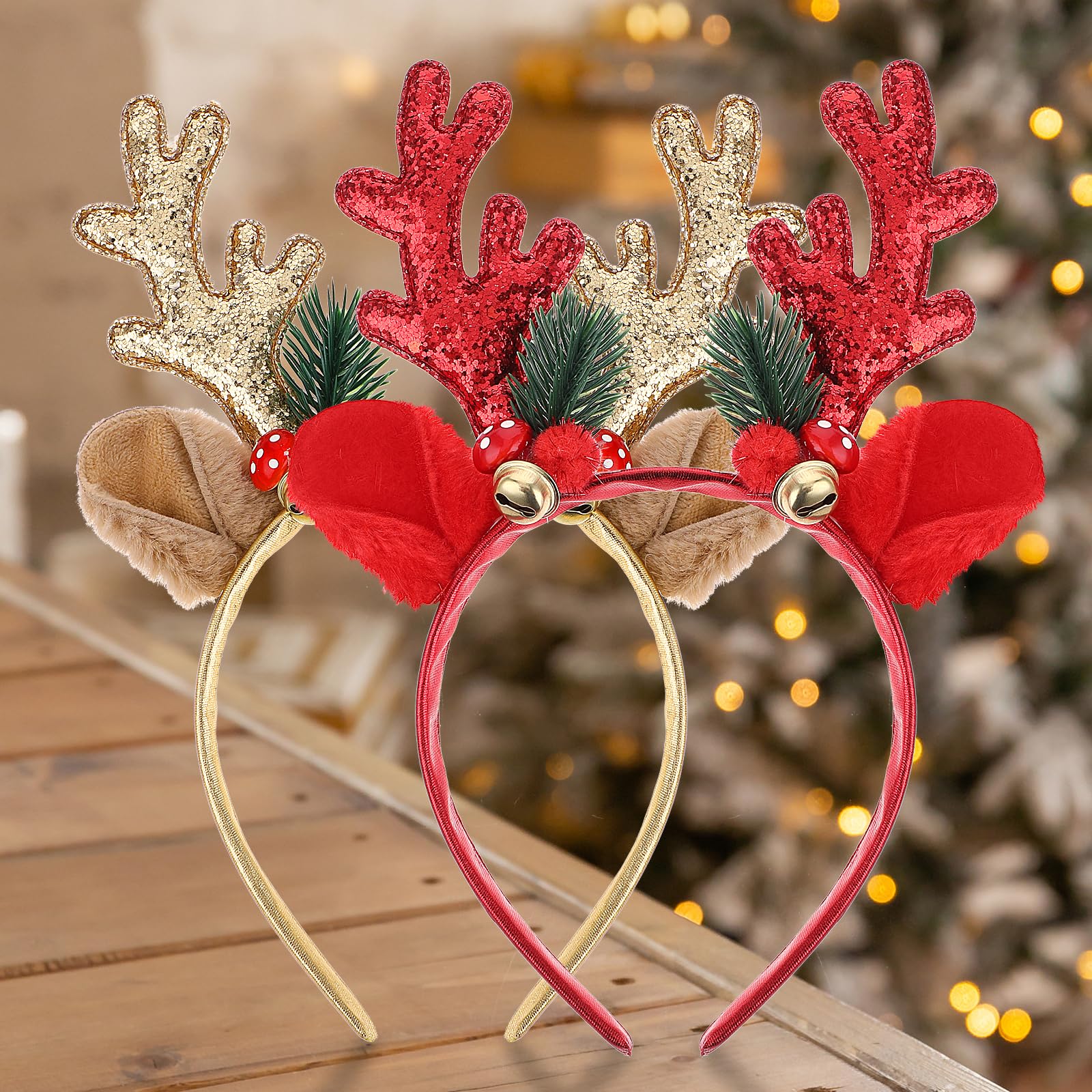 Thinp 2 Pieces Christmas Headbands, Glitter Christmas Headbands for women Antler Headband with Bell Christmas Hats Holiday Decorations for Christmas Party Xmas Dinner and Photos Booth