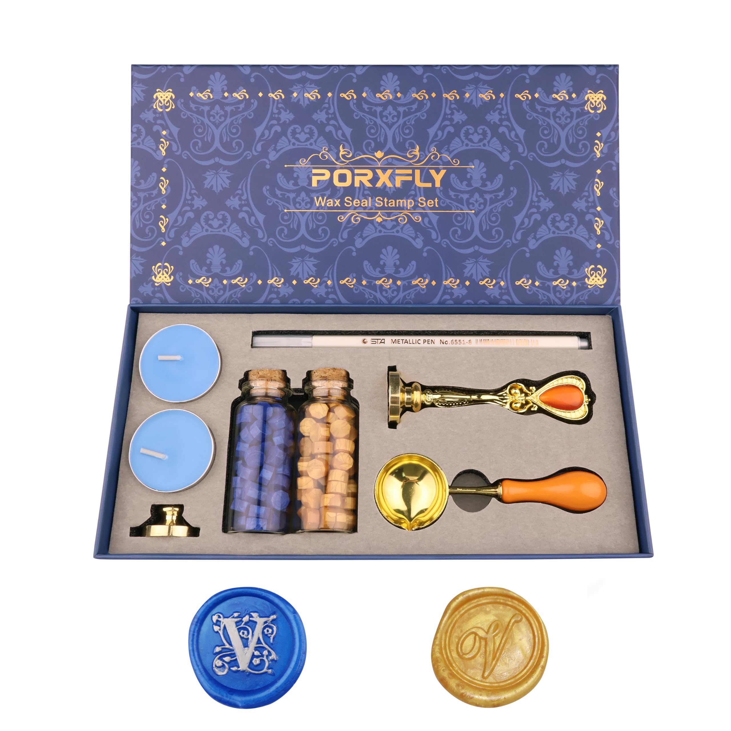 PORXFLY 2 Pieces Letter V Wax Seal Stamp Set,Initial Alphabet Wax Seal Stamp Kit Vintage Gift Box, A to Z Letter Series Stamp for Wedding Invitations, Envelopes, Gift Wrapping (V)