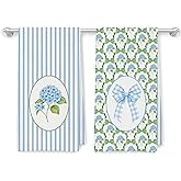 JMICPTUB Coquette Bow Blue Hydrangea Floral Kitchen Towels, Cottagecore Botanical Dish Tea Towels, Preppy Bow Hydrangea Flower Decorative Hand Towel for Kitchen Bathroom, 16x24 Inch Set of 2