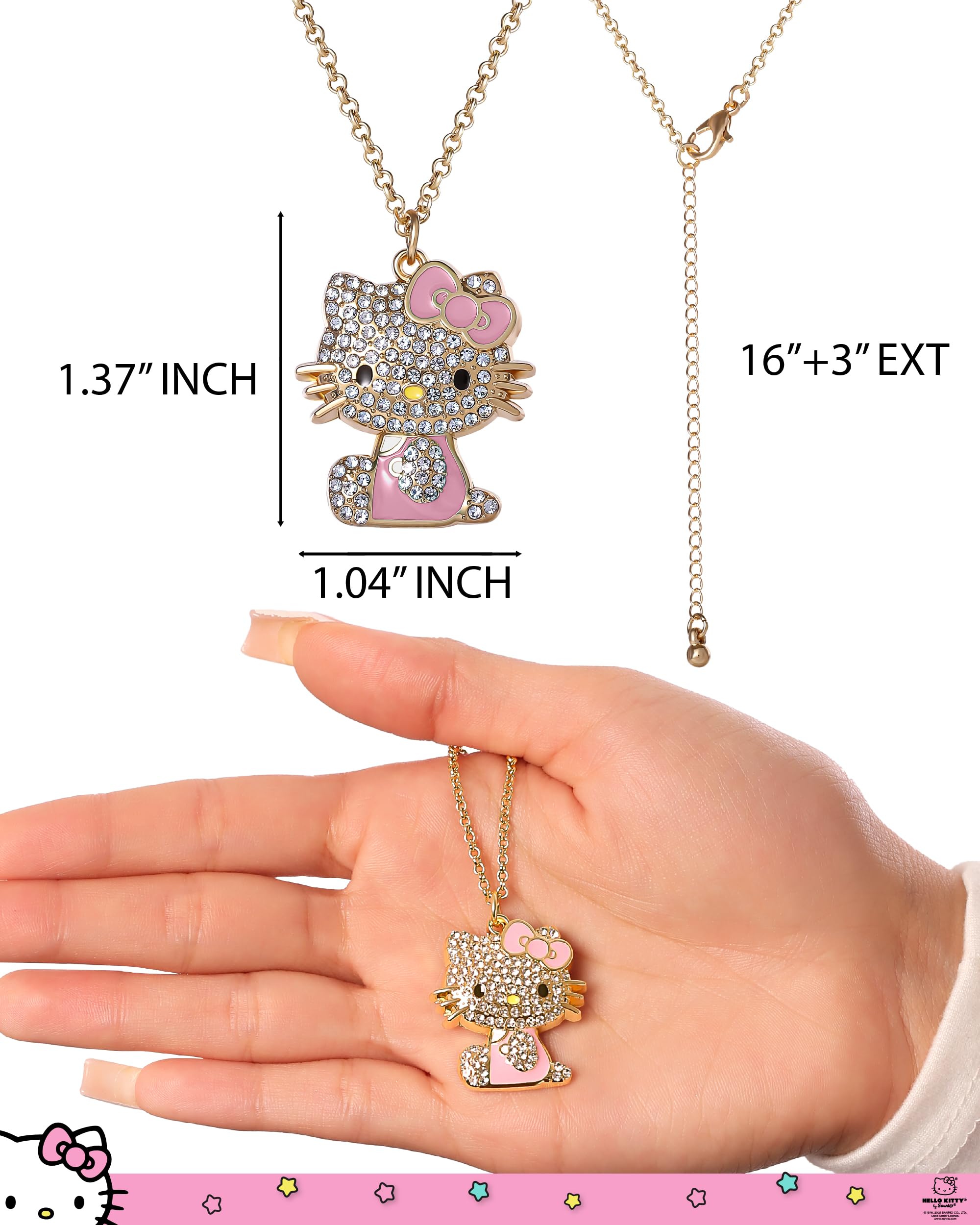 SALLY ROSE Hello Kitty Pink Enamel and Pave Crystal Pendant Necklace Official License, Gold-Tone 16+3 Hello Kitty Necklace, Sanrio Gifts