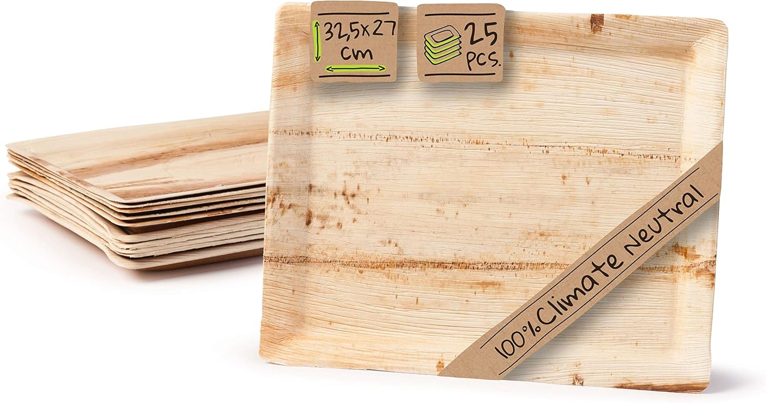 BIOZOYG 25x Disposable Serving Plate Made from Palm Leaf 32.5 x 27 cm Rectangular, Disposable Tray