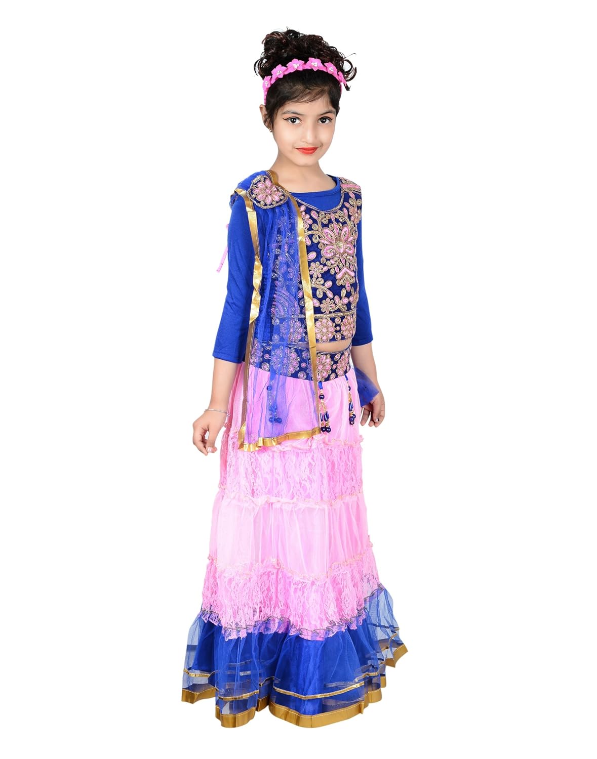 sky heights girls' pink net lehenga choli set