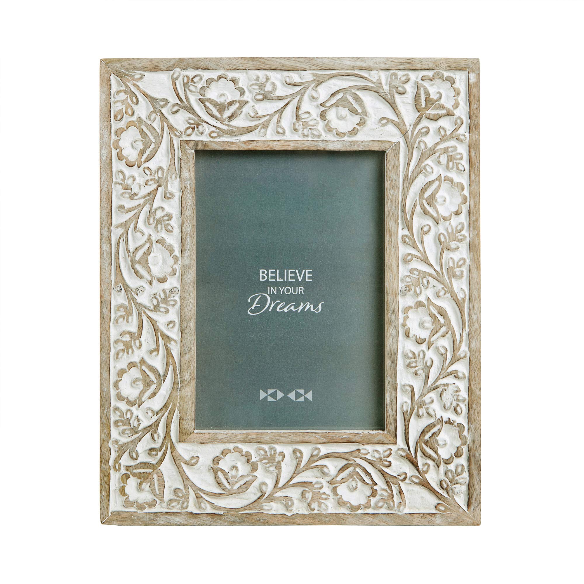 Photo 1 of NIKKY HOME Hand Carved Floral 5x7 Picture Frame Rustic Boho Style Mango Wood Design with White Distressed Finish, Natural Wood Color