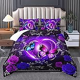 Tuzaovy Butterfly Comforter Set for Queen, Dreamy Purple Butterfly Bedding Set with Black & Purple Comforter