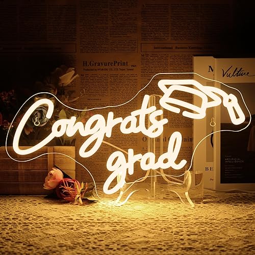 NOSUN Congrats Grad Neon Sign Grad Neon Signs for Wall Decor, Warm White LED Signs for Classmates friends family, USB Neon Word Sign for Party Club Light Up Sign, The best gift for graduating friend