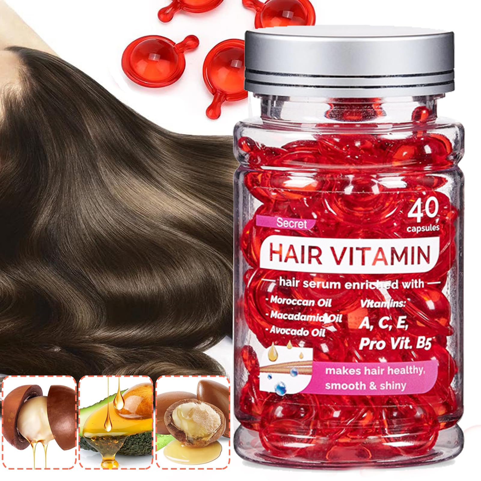 40 Pcs Hair Vitamin Serum Capsules Enriched With Moroccan, Macadamia, and Avocado Oil - Makes Hair Smooth and Shiny