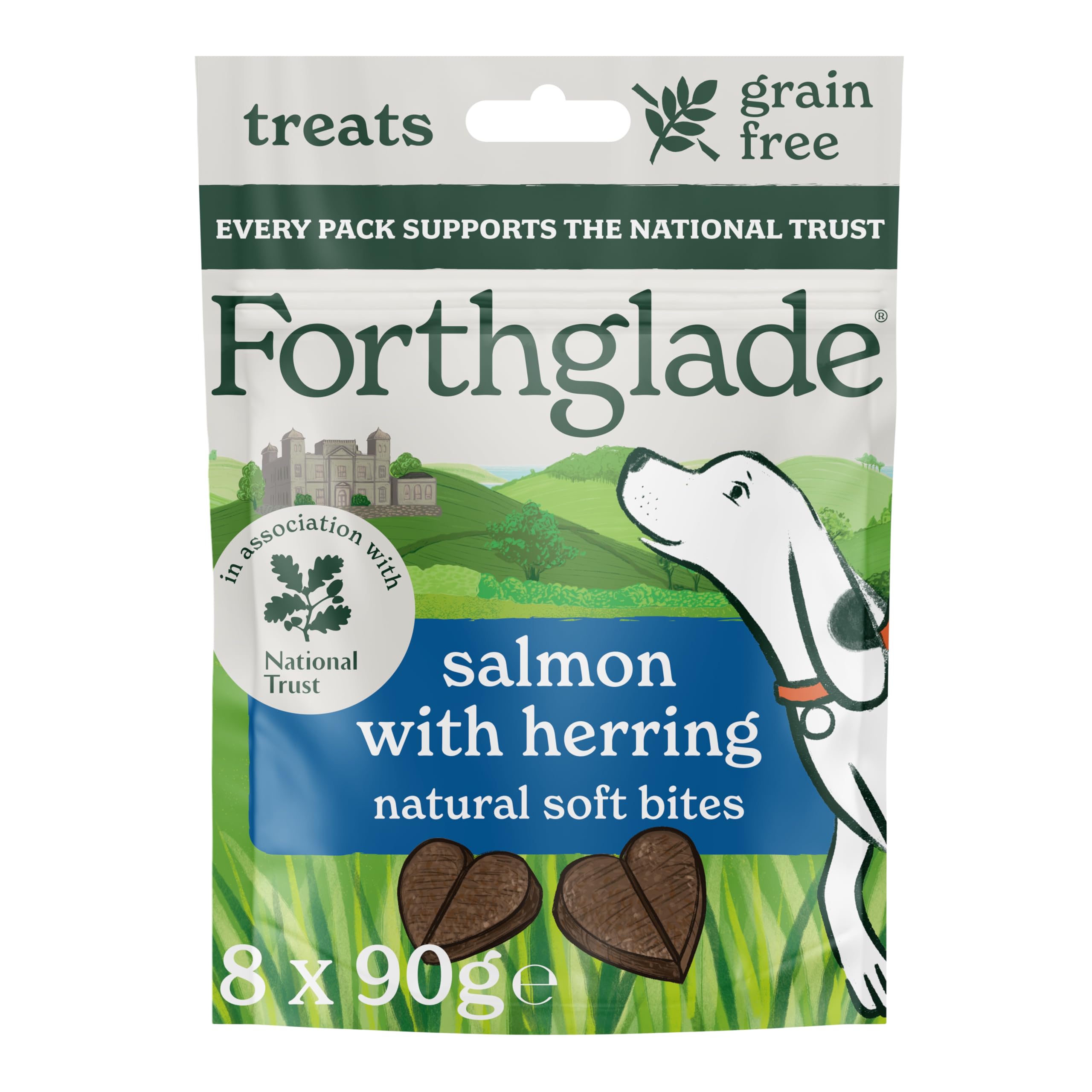 Forthglade National Trust Natural Dog Treats (8 x 90g Bags) - Hypoallergenic & Grain Free Dog Treats, Salmon with Herring, Gourmet Natural Soft Bites, Resealable Bags
