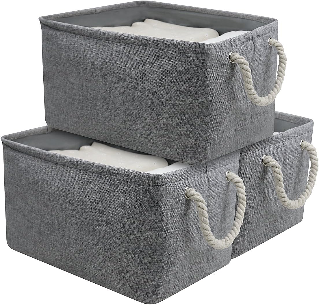 AMJ Cotton Storage Basket Container with Strong Cotton Rope Handle, Foldable Cabinet Cube Organizer Bin, Gray, Polyester Lining, 3-Pack, Gray