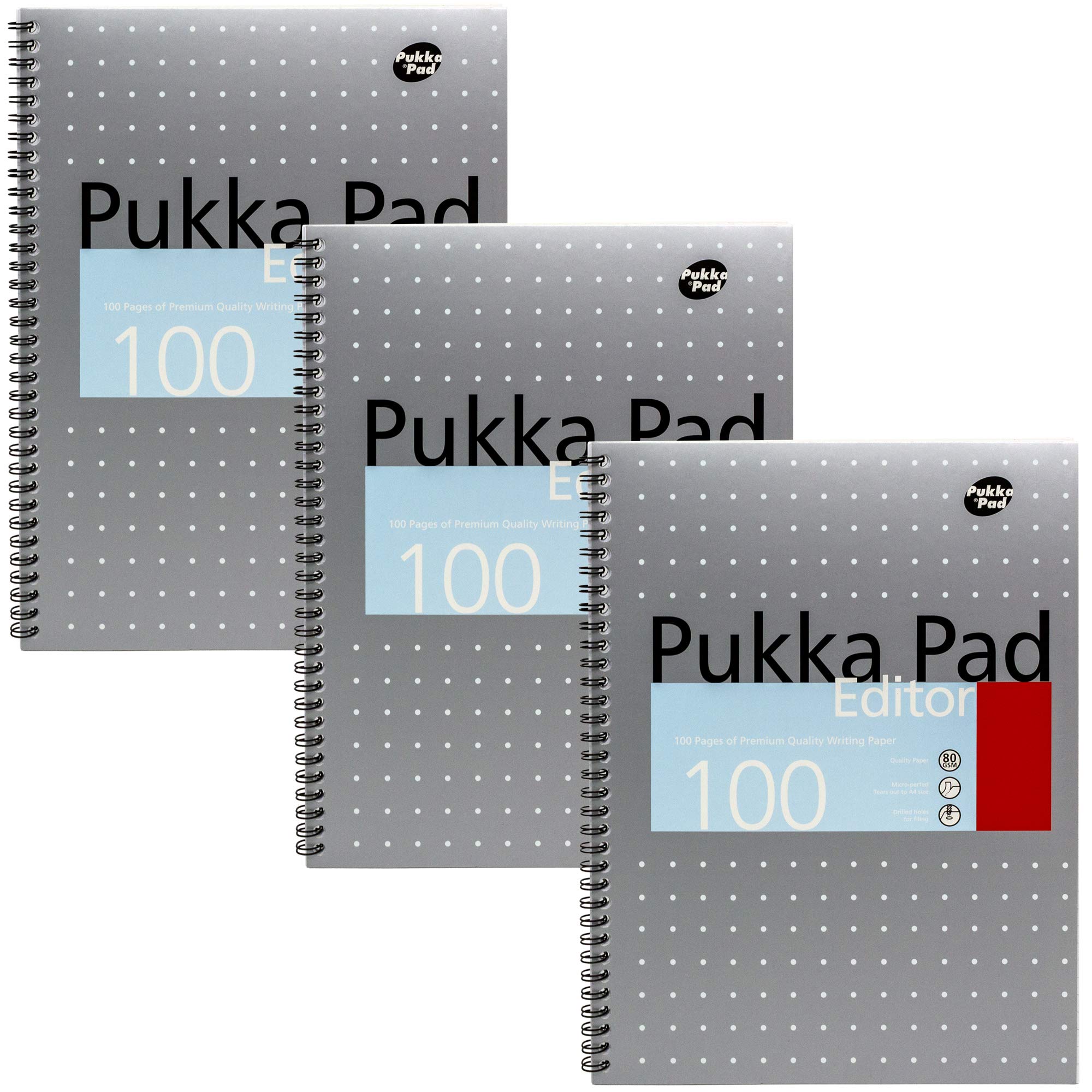 Pukka Pad, A4+ Metallic Editor Pad 3 Pack - Wirebound Notebook with 8mm Lines and 80GSM Paper - 100 Pages