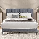 Full Bed Frame with Upholstered Headboard, No Box Spring Needed, Gray | Easy Assembly, Spacious Under-Bed Storage, Reinforced Wooden Slat Support, Adjustable Headboard, Quiet Sleep Design