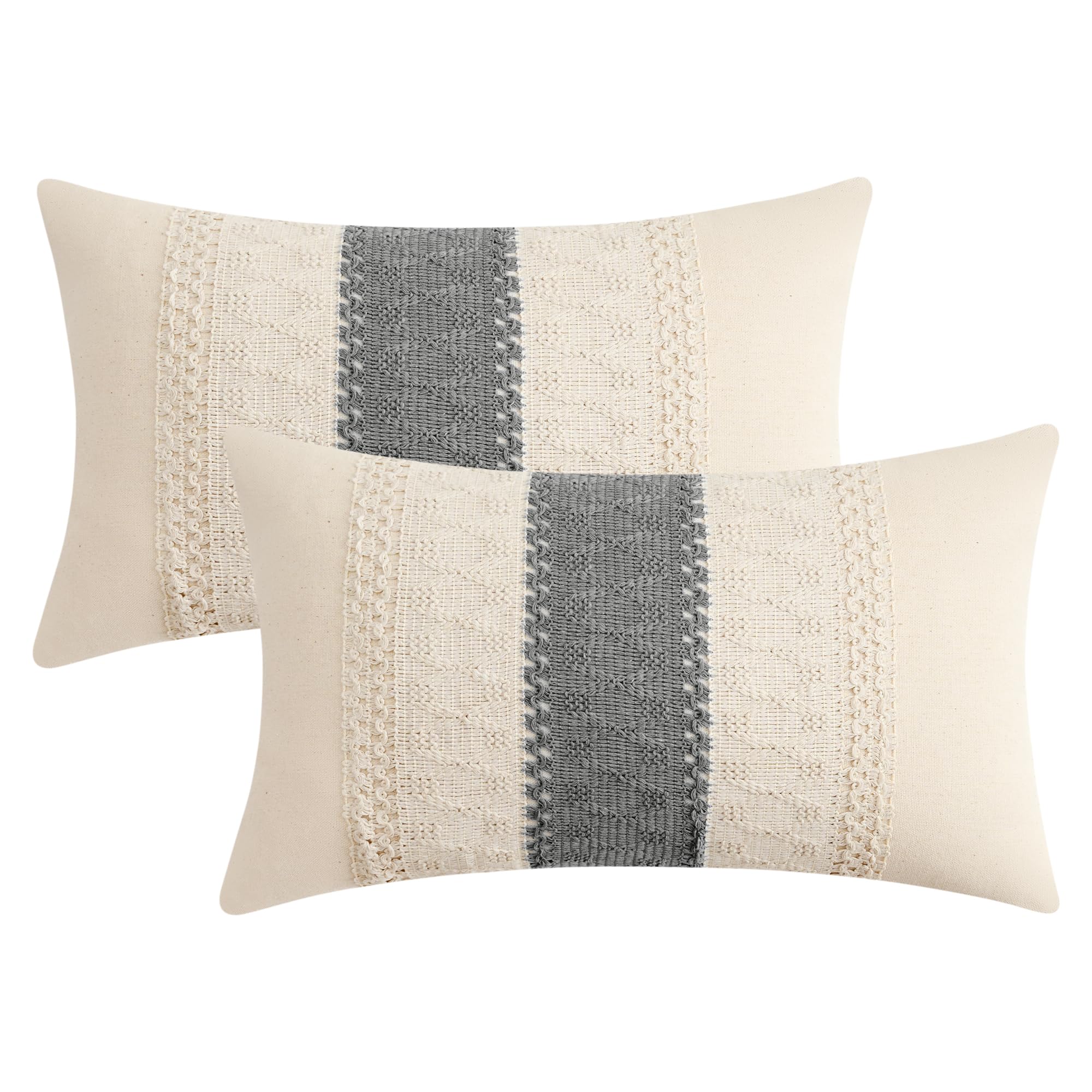 Photo 1 of 2Pcs Geometry Weave Throw Pillow Covers for Sofa Living Room Boho Farmhouse Decor 12 x 20 Inch Grey