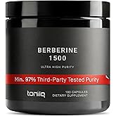 Toniiq Ultra High Strength Berberine HCl from The Himalayas - 100:1 Concentrated Extract - Lab-Tested 97% Berberine HCl - 180 Vegetarian Capsules, 1500 mg per Serving