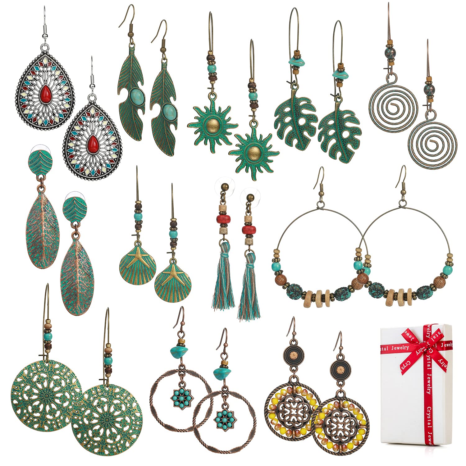 Women's Boho Style Dangle Earrings, Vintage Earrings Set for Women and Girls, Retro Pendant Earrings for Pierced Ears with Floral, Leaf, Tassel and Feather Designs, 12 Pairs, Alloy Steel