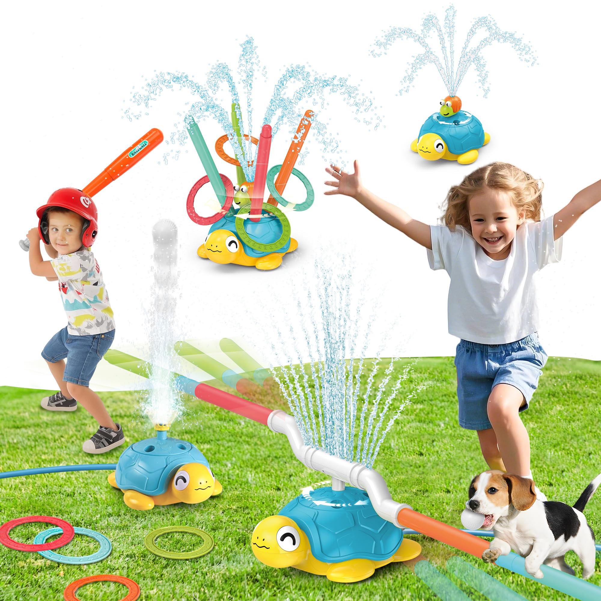 4 in 1 Kids Toys Turtle Water Sprinkler, Outdoor Toys with Snail Splash, Ring Toss, Baseball Game & Hurdle Play, 360°Roating Spray for Kids Boys Girls 3-8 Gifts