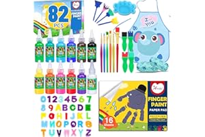 AROIC 82 Pack Washable Finger Paint set, Washable Kids Paint Set with 12 Color Finger Paints 1 oz Each, Sponges, Painting Brushes, Waterproof Painting Apron, Palette Paper for Toddler, Drawing Gifts Age 3+