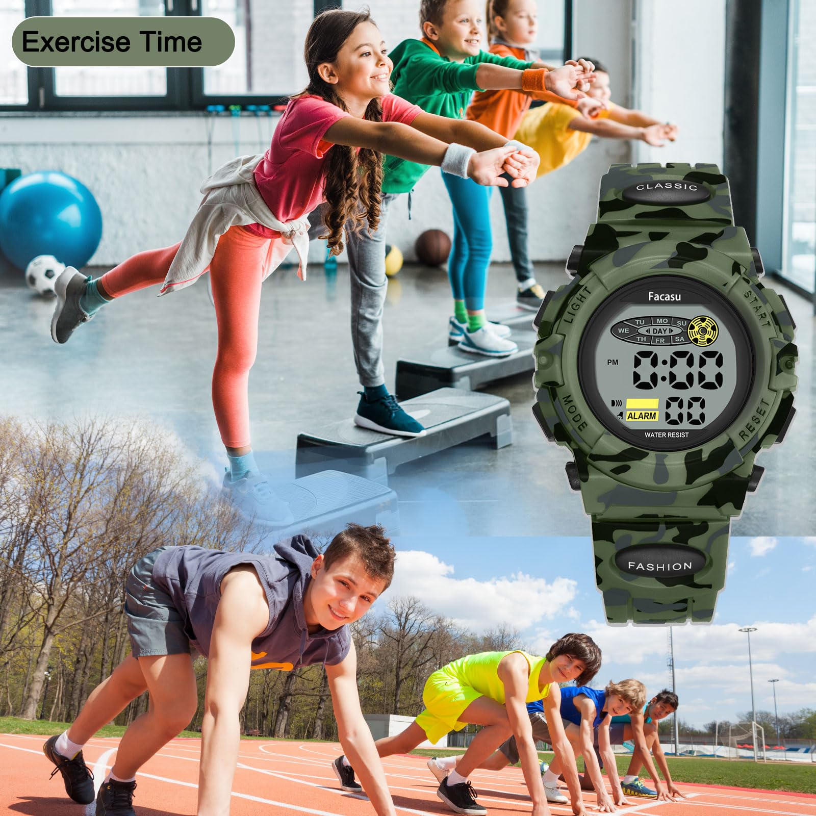 Facasu Camo Sports Watch for Boys-Waterproof Kids Digital Watch with Colorful Light, Alarm&Snooze,Stopwatch Military Design Silicone Band Gift for Birthdays,Christmas Outdoor Activities(8+ Years)