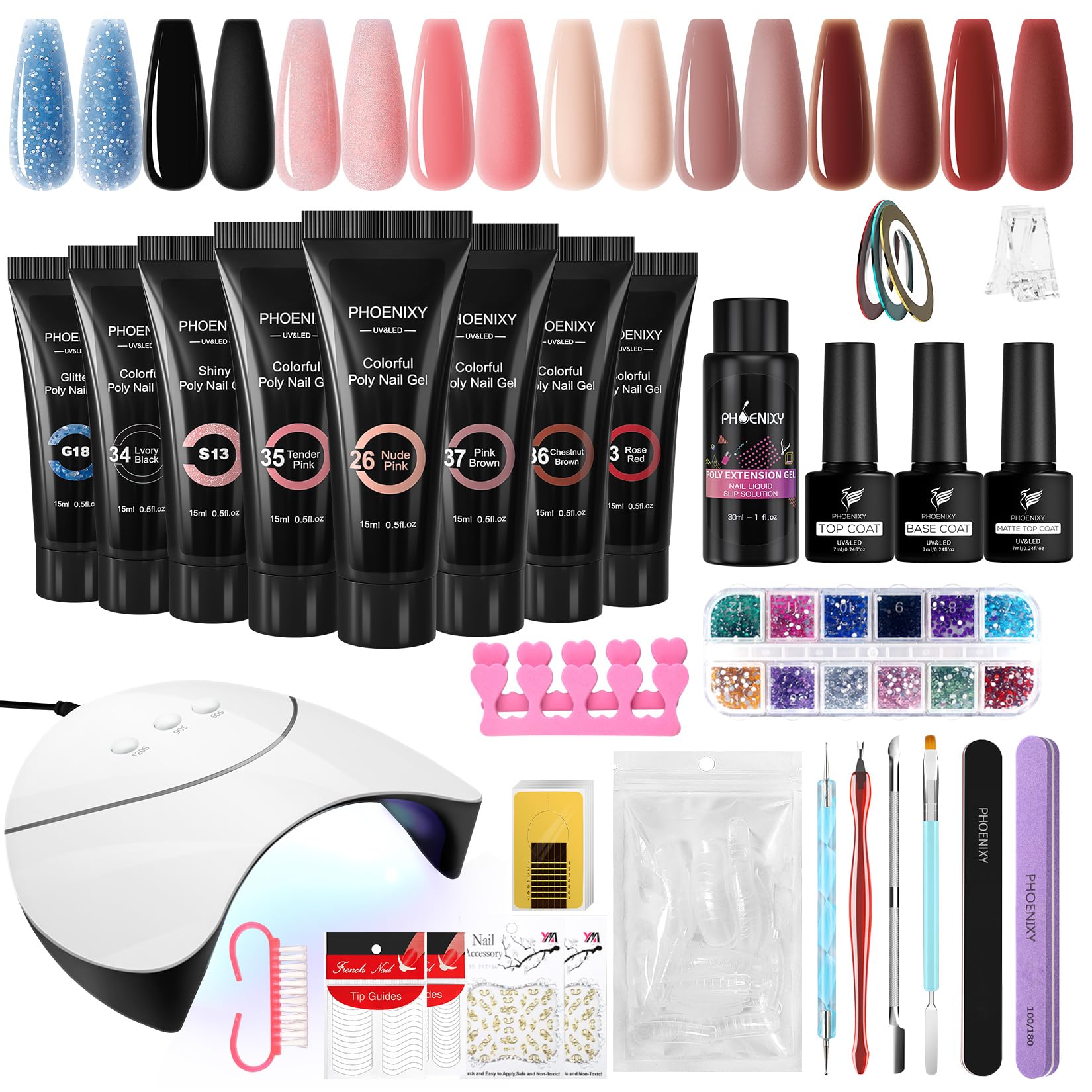 PHOENIXY Poly Nail Gel Kit, 8 Colors 15ml Poly Nail Builder Extension Gel Nail Kit With 36W Nail Lamp, Slip Solution and Base Top Coat Nail Kit Gift for Women — image 1